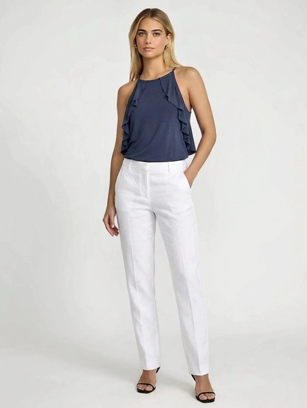 Express Slate Blue Ruffle High Neck Tank Top- Fall, Normcore, Coquette, Scandi